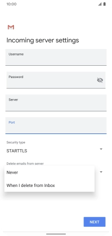 Press Never to keep email on the server when you delete them on your phone. Press Never to keep email on the server when you delete them on your phone.