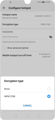 Press WPA2 PSK to password protect your Wi-Fi hotspot. Press WPA2 PSK to password protect your Wi-Fi hotspot.