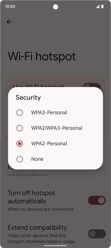 Press WPA3-Personal to password protect your Wi-Fi hotspot. Press WPA3-Personal to password protect your Wi-Fi hotspot.