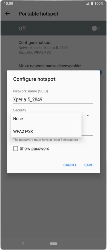 Press WPA2 PSK to password protect your Wi-Fi hotspot. Press WPA2 PSK to password protect your Wi-Fi hotspot.