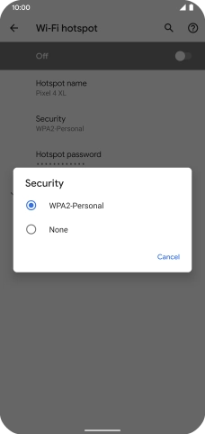 Press WPA2-Personal to password protect your Wi-Fi hotspot. Press WPA2-Personal to password protect your Wi-Fi hotspot.