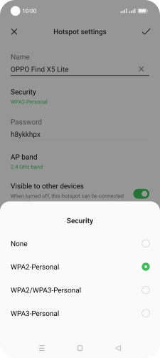 Press WPA3-Personal to password protect your Wi-Fi hotspot. Press WPA3-Personal to password protect your Wi-Fi hotspot.