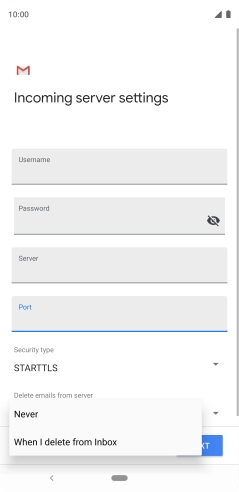 Press Never to keep email on the server when you delete them on your phone. Press Never to keep email on the server when you delete them on your phone.