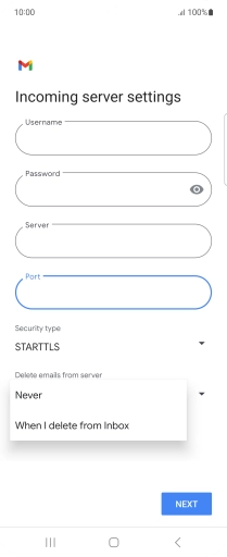 Press Never to keep email on the server when you delete them on your phone. Press Never to keep email on the server when you delete them on your phone.