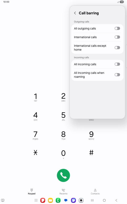 Press the indicator next to the required barring type to turn the function on or off. Press the indicator next to the required barring type to turn the function on or off.