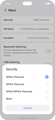 Press WPA3-Personal to password protect your Wi-Fi hotspot. Press WPA3-Personal to password protect your Wi-Fi hotspot.