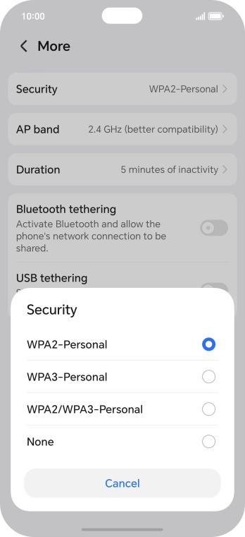 Press WPA3-Personal to password protect your Wi-Fi hotspot. Press WPA3-Personal to password protect your Wi-Fi hotspot.