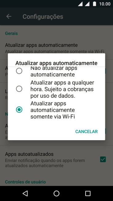 Pressione Atualizar apps automaticamente somente via Wi-Fi para ativar a função. Pressione Atualizar apps automaticamente somente via Wi-Fi para ativar a função.