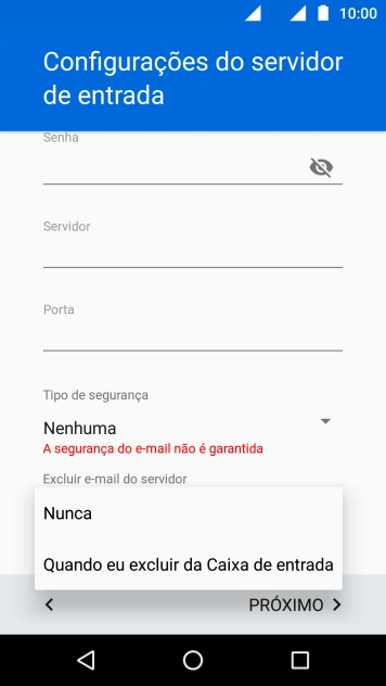 Pressione Nunca para manter os e-mails no servidor, quando você apagá-los do celular. Pressione Nunca para manter os e-mails no servidor, quando você apagá-los do celular.