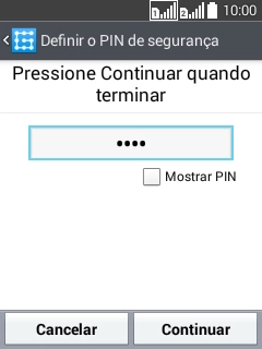 Digite um código PIN de quatro cifras e pressione Continuar. Digite um código PIN de quatro cifras e pressione Continuar.