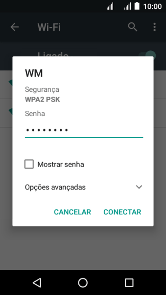 Digite a senha da sua conta da rede Wi-Fi, e pressione CONECTAR. Digite a senha da sua conta da rede Wi-Fi, e pressione CONECTAR.