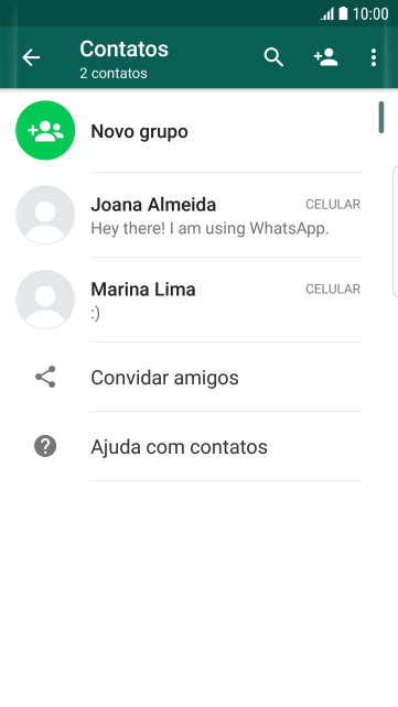 Pressione o ícone de busca, e digite as primeiras letras do nome do contato. Pressione o ícone de busca, e digite as primeiras letras do nome do contato.