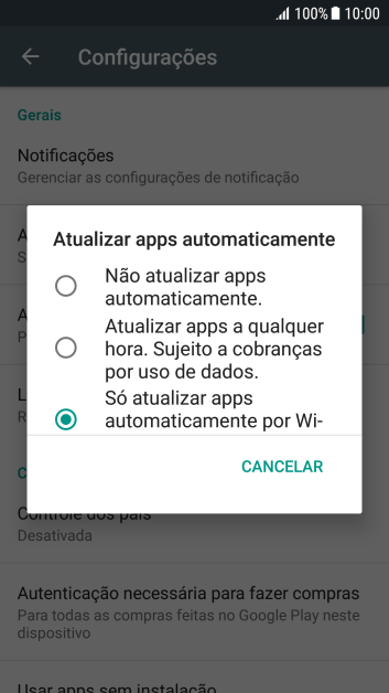 Para desativar a atualização automática de apps, você deve pressionar Não atualizar apps automaticamente.. Para desativar a atualização automática de apps, você deve pressionar Não atualizar apps automaticamente..