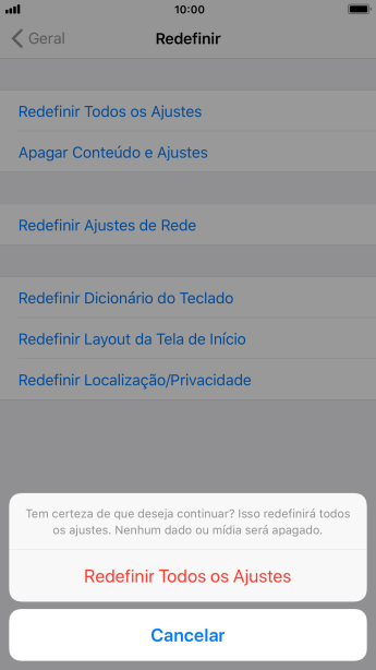 Pressione Redefinir Todos os Ajustes. Aguarde um instante, enquanto o celular restaura as configurações padrão. Siga as indicações do visor para configurar o celular, e deixá-lo pronto para uso. Pressione Redefinir Todos os Ajustes. Aguarde um instante, enquanto o celular restaura as configurações padrão. Siga as indicações do visor para configurar o celular, e deixá-lo pronto para uso.