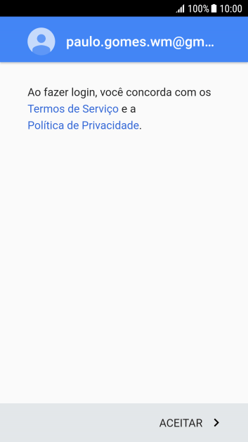 Pressione ACEITAR, e siga as indicações da tela para selecionar as configurações da sua conta Google. Pressione ACEITAR, e siga as indicações da tela para selecionar as configurações da sua conta Google.