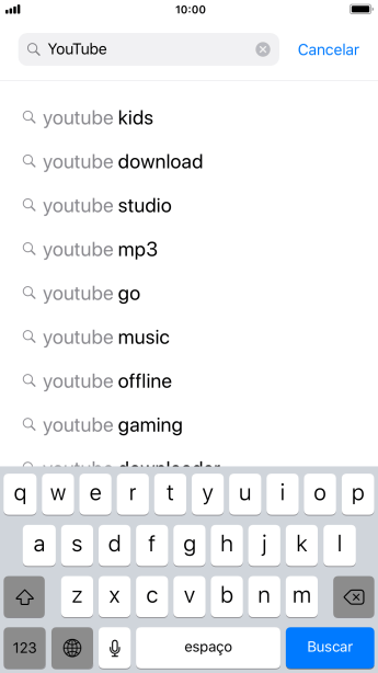 Digite YouTube, e pressione Buscar. Digite YouTube, e pressione Buscar.
