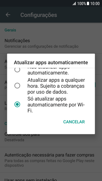 Para ativar a atualização automática de apps via rede celular, você deve pressionar Atualizar apps a qualquer hora. Sujeito a cobranças por uso de dados.. Para ativar a atualização automática de apps via rede celular, você deve pressionar Atualizar apps a qualquer hora. Sujeito a cobranças por uso de dados..