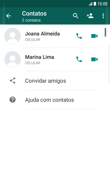 Pressione o ícone de busca, e digite as primeiras letras do nome do contato. Pressione o ícone de busca, e digite as primeiras letras do nome do contato.