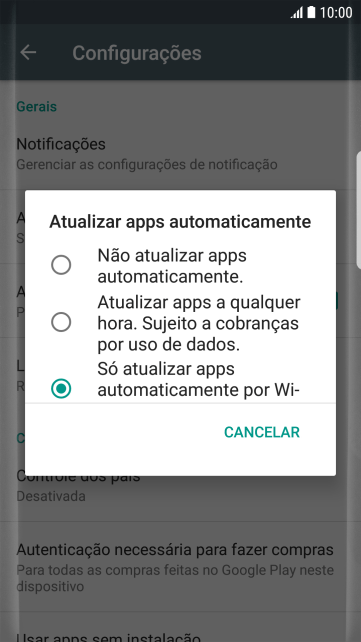 Para desativar a atualização automática de apps, você deve pressionar Não atualizar apps automaticamente.. Para desativar a atualização automática de apps, você deve pressionar Não atualizar apps automaticamente..