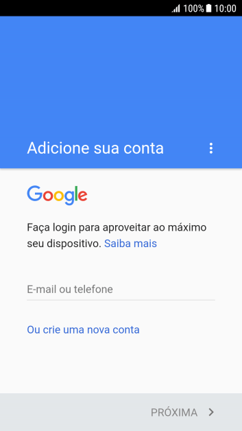 Se você não tiver uma conta Google, deve pressionar Ou crie uma nova conta, e seguir as instruções da tela para instalar uma conta. Se você não tiver uma conta Google, deve pressionar Ou crie uma nova conta, e seguir as instruções da tela para instalar uma conta.