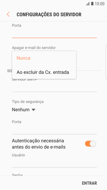 Pressione Nunca para manter os e-mails no servidor, quando você apagá-los do celular. Pressione Nunca para manter os e-mails no servidor, quando você apagá-los do celular.