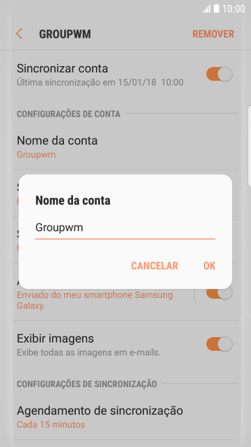 Digite o nome da conta de e-mail, e pressione OK. Digite o nome da conta de e-mail, e pressione OK.