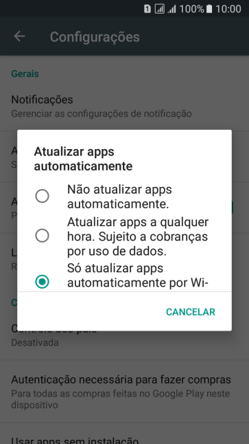 Para desativar a atualização automática de apps, você deve pressionar Não atualizar apps automaticamente.. Para desativar a atualização automática de apps, você deve pressionar Não atualizar apps automaticamente..