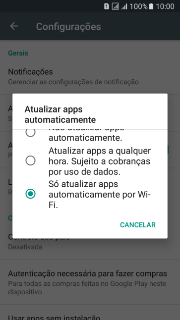 Para ativar a atualização automática de apps via rede celular, você deve pressionar Atualizar apps a qualquer hora. Sujeito a cobranças por uso de dados.. Para ativar a atualização automática de apps via rede celular, você deve pressionar Atualizar apps a qualquer hora. Sujeito a cobranças por uso de dados..