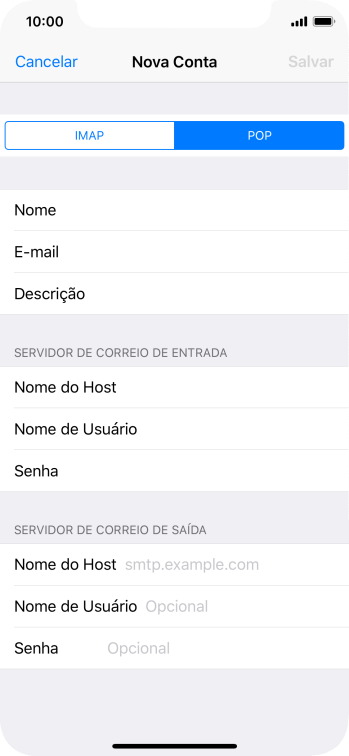 Pressione Nome do Host, e insira o nome do servidor de saída do seu provedor de e-mails. Pressione Nome do Host, e insira o nome do servidor de saída do seu provedor de e-mails.