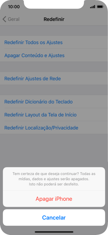 Pressione Apagar iPhone. Aguarde um instante, enquanto o celular restaura as configurações padrão. Siga as indicações do visor para configurar o celular, e deixá-lo pronto para uso. Pressione Apagar iPhone. Aguarde um instante, enquanto o celular restaura as configurações padrão. Siga as indicações do visor para configurar o celular, e deixá-lo pronto para uso.