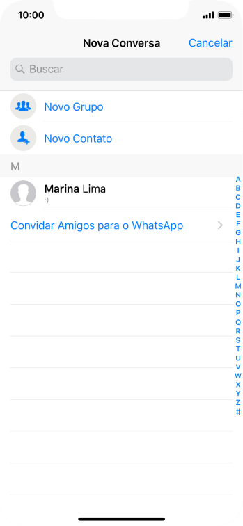 Pressione o campo de busca, e digite as primeiras letras do nome do contato. Pressione o campo de busca, e digite as primeiras letras do nome do contato.