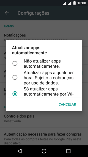 Para desativar a atualização automática de apps, você deve pressionar Não atualizar apps automaticamente.. Para desativar a atualização automática de apps, você deve pressionar Não atualizar apps automaticamente..