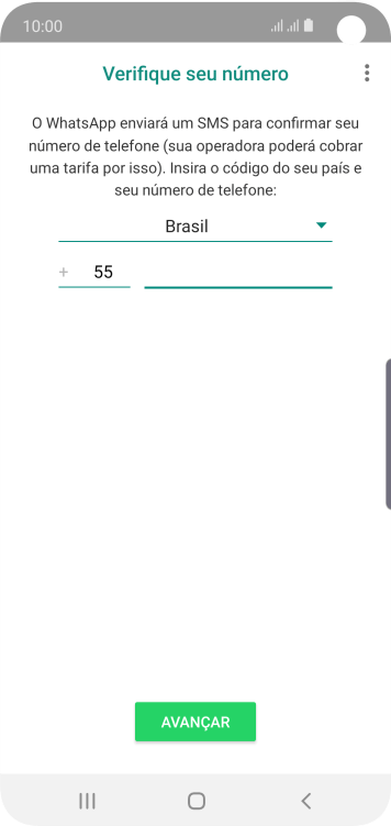 Pressione AVANÇAR. Aguarde até que o celular receba uma SMS para confirmar seu número de telefone. Pressione AVANÇAR. Aguarde até que o celular receba uma SMS para confirmar seu número de telefone.