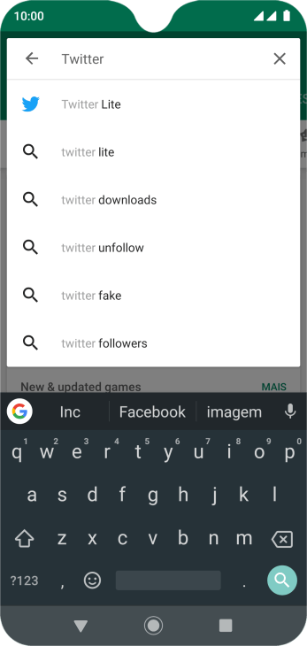 Digite Twitter e pressione o ícone de busca. Digite Twitter e pressione o ícone de busca.