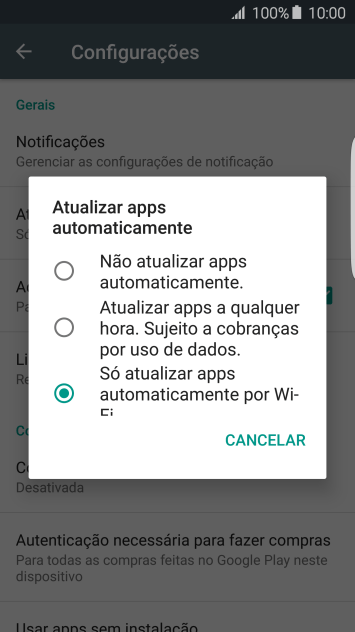 Para desativar a atualização automática de apps, você deve pressionar Não atualizar apps automaticamente.. Para desativar a atualização automática de apps, você deve pressionar Não atualizar apps automaticamente..