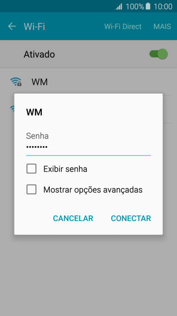Digite a senha da sua conta da rede Wi-Fi, e pressione CONECTAR. Digite a senha da sua conta da rede Wi-Fi, e pressione CONECTAR.