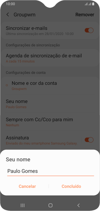 Digite o nome do remetente, e pressione Concluído. Digite o nome do remetente, e pressione Concluído.