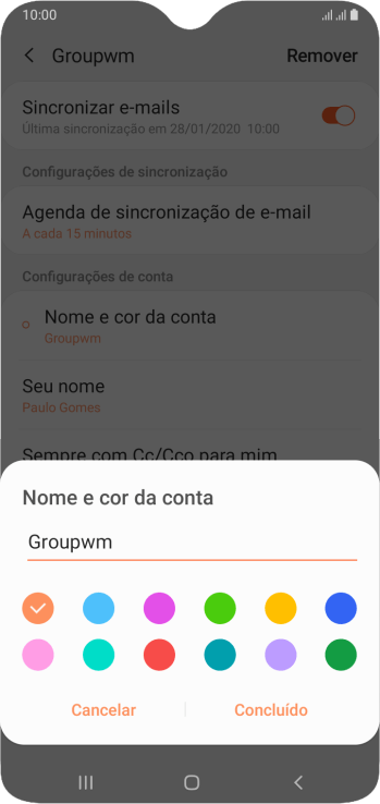Digite o nome da conta de e-mail, e pressione Concluído. Digite o nome da conta de e-mail, e pressione Concluído.