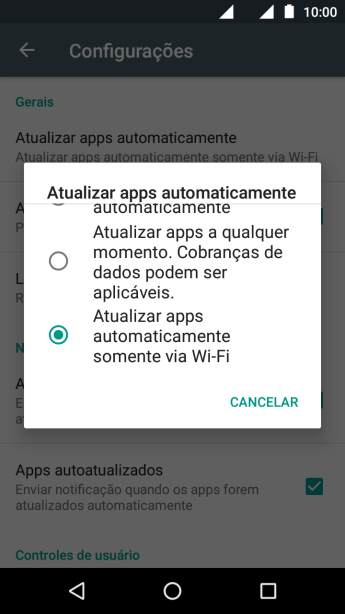 Pressione Atualizar apps automaticamente via Wi-Fi para ativar a função. Pressione Atualizar apps automaticamente via Wi-Fi para ativar a função.