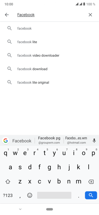 Digite Facebook e pressione o ícone de busca. Digite Facebook e pressione o ícone de busca.