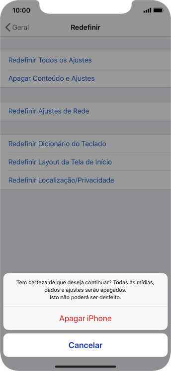 Pressione Apagar iPhone. Aguarde um instante, enquanto o celular restaura as configurações padrão. Siga as indicações da tela para configurar o celular, e deixá-lo pronto para o uso. Pressione Apagar iPhone. Aguarde um instante, enquanto o celular restaura as configurações padrão. Siga as indicações da tela para configurar o celular, e deixá-lo pronto para o uso.