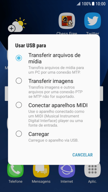 Pressione Transferir arquivos de mídia para ativar a função. Pressione Transferir arquivos de mídia para ativar a função.