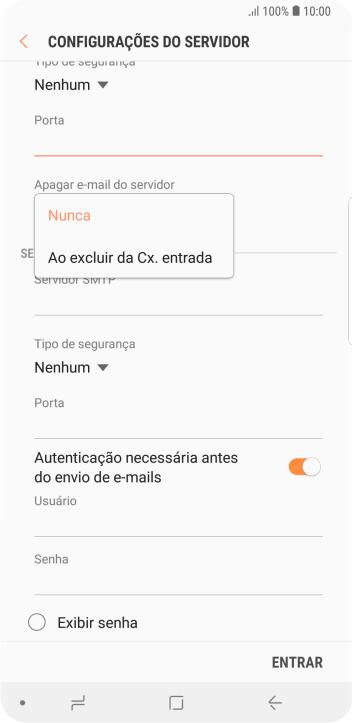 Pressione Nunca para manter os e-mails no servidor, quando você apagá-los do celular. Pressione Nunca para manter os e-mails no servidor, quando você apagá-los do celular.