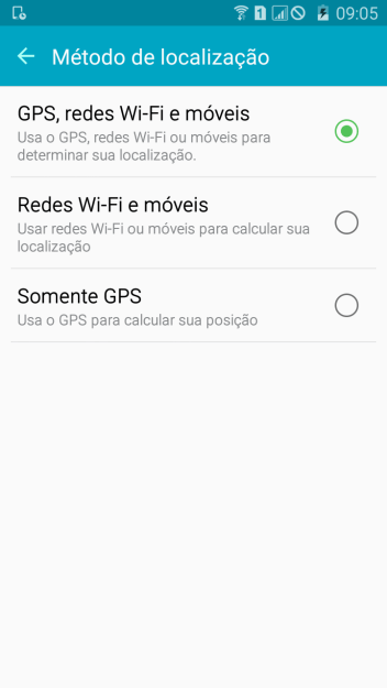 Se você selecionar GPS, redes Wi-Fi e móveis, o seu celular poderá encontrar sua posição precisa com ajuda dos satélites GPS, rede celular e e da rede Wi-Fi próximos à você. O GPS via satélite requer uma visão livre para o céu. Se você selecionar GPS, redes Wi-Fi e móveis, o seu celular poderá encontrar sua posição precisa com ajuda dos satélites GPS, rede celular e e da rede Wi-Fi próximos à você. O GPS via satélite requer uma visão livre para o céu.