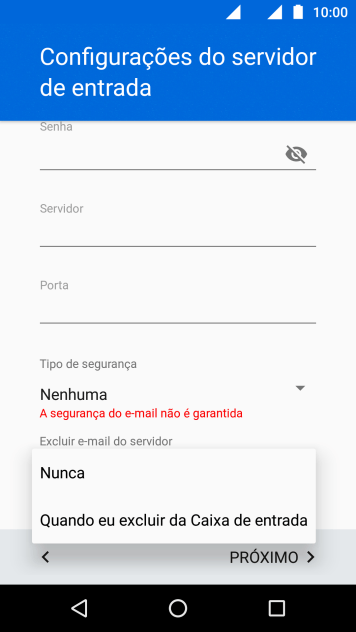 Pressione Nunca para manter os e-mails no servidor, quando você apagá-los do celular. Pressione Nunca para manter os e-mails no servidor, quando você apagá-los do celular.