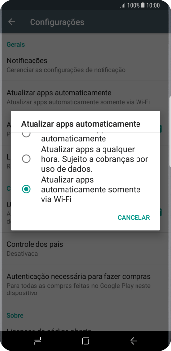 Para ativar a atualização automática de apps via Wi-Fi, você deve pressionar Atualizar apps automaticamente somente via Wi-Fi. Para ativar a atualização automática de apps via Wi-Fi, você deve pressionar Atualizar apps automaticamente somente via Wi-Fi.