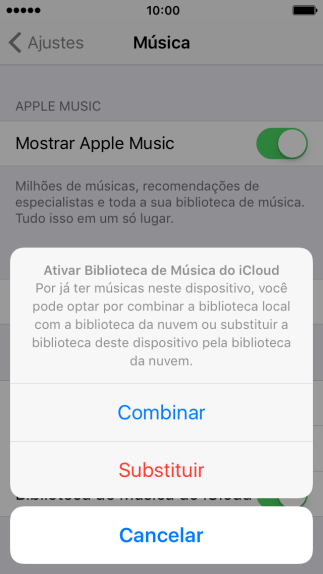 Pressione Combinar para unir a biblioteca de música do celular com a biblioteca de música do iCloud. Pressione Combinar para unir a biblioteca de música do celular com a biblioteca de música do iCloud.