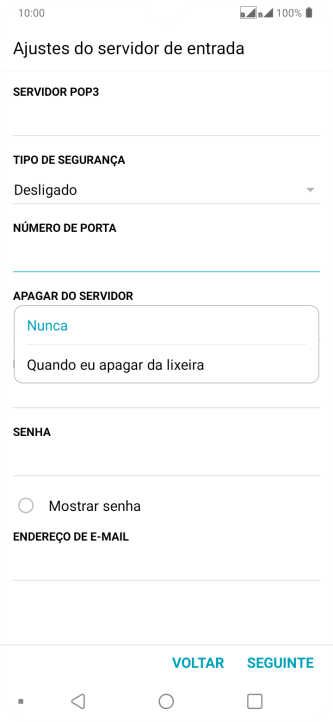 Pressione Nunca para manter os e-mails no servidor, quando você apagá-los do celular. Pressione Nunca para manter os e-mails no servidor, quando você apagá-los do celular.