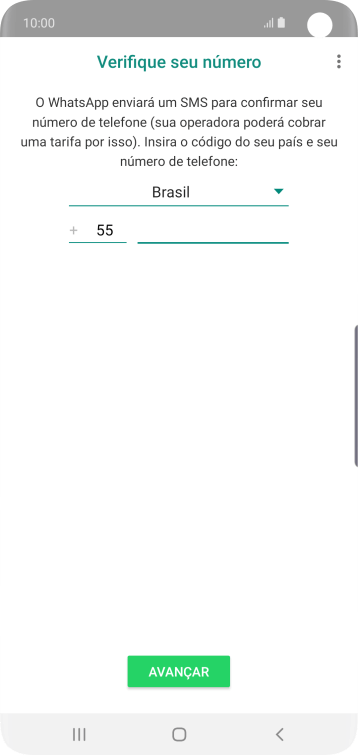 Pressione AVANÇAR. Aguarde até que o celular receba uma SMS para confirmar seu número de telefone. Pressione AVANÇAR. Aguarde até que o celular receba uma SMS para confirmar seu número de telefone.