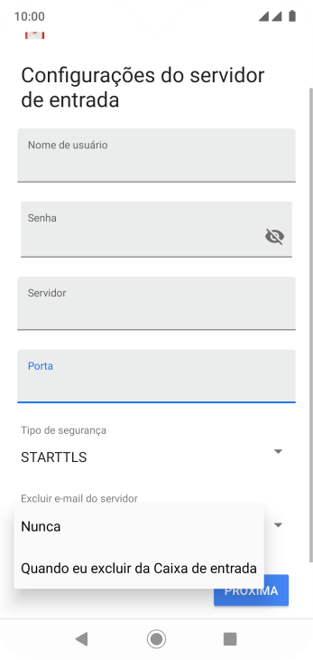 Pressione Nunca para manter os e-mails no servidor, quando você apagá-los do celular. Pressione Nunca para manter os e-mails no servidor, quando você apagá-los do celular.